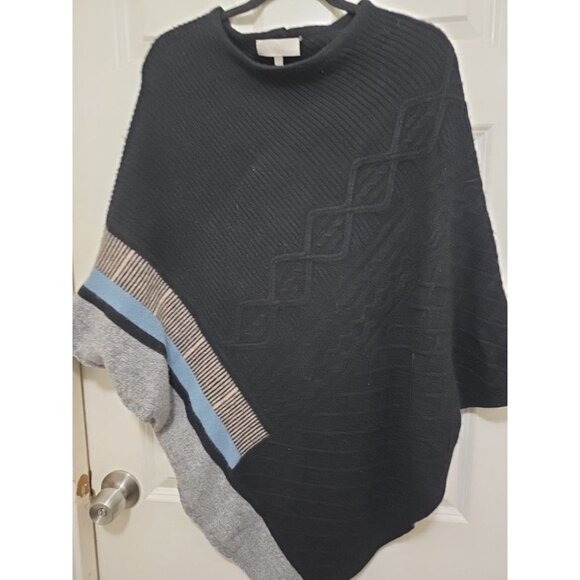 Black Asymmetrical Knit Poncho With Textured Patterns Striped 100% Cashmere - Picture 7 of 12